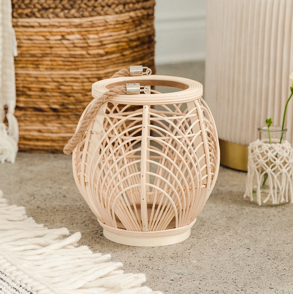 LARGE NATURAL HANGING LANTERN - RATTAN & GLASS - AyaZay Wedding Shoppe