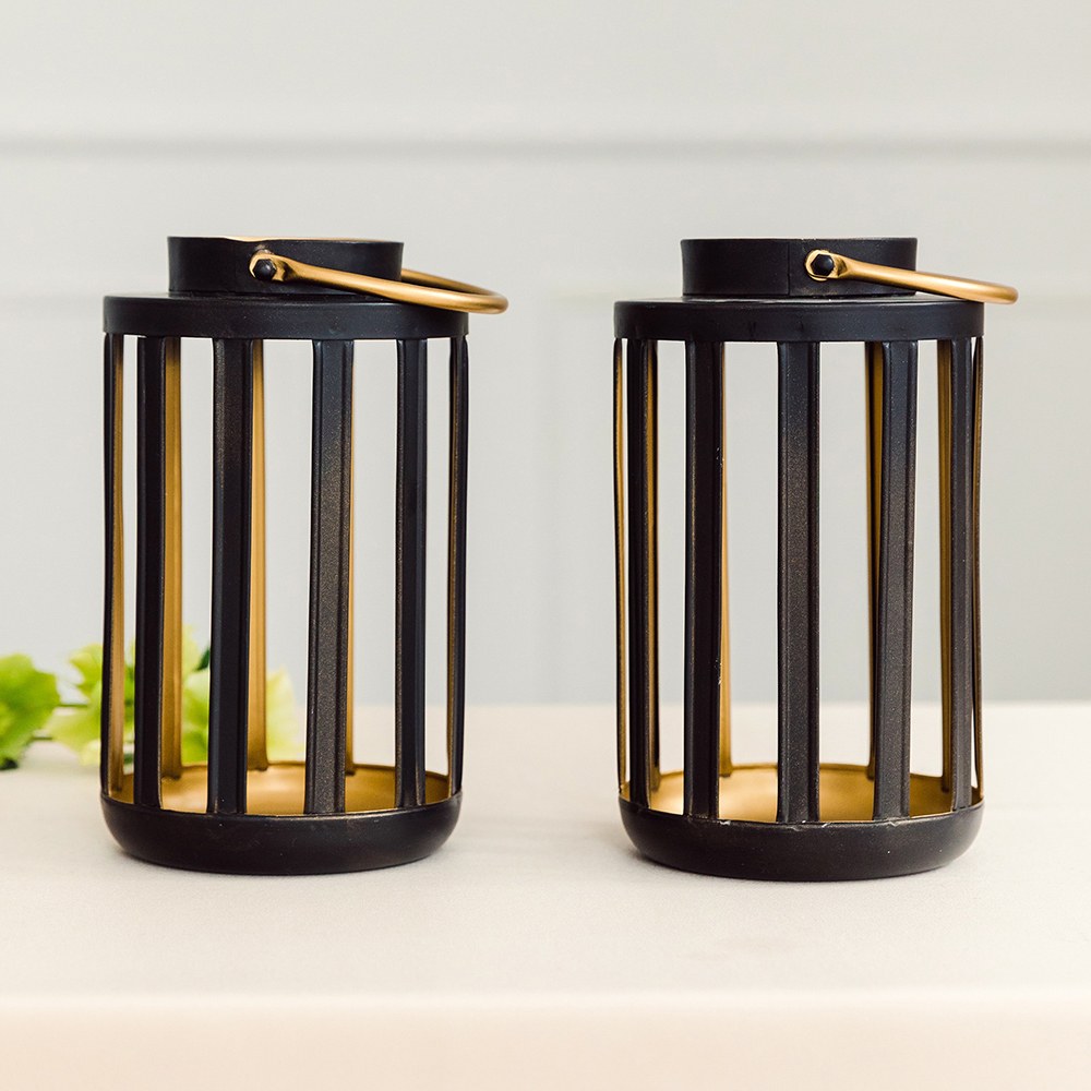 BLACK & GOLD METAL CYLINDER HANGING LANTERN - SET OF 2 - AyaZay Wedding Shoppe