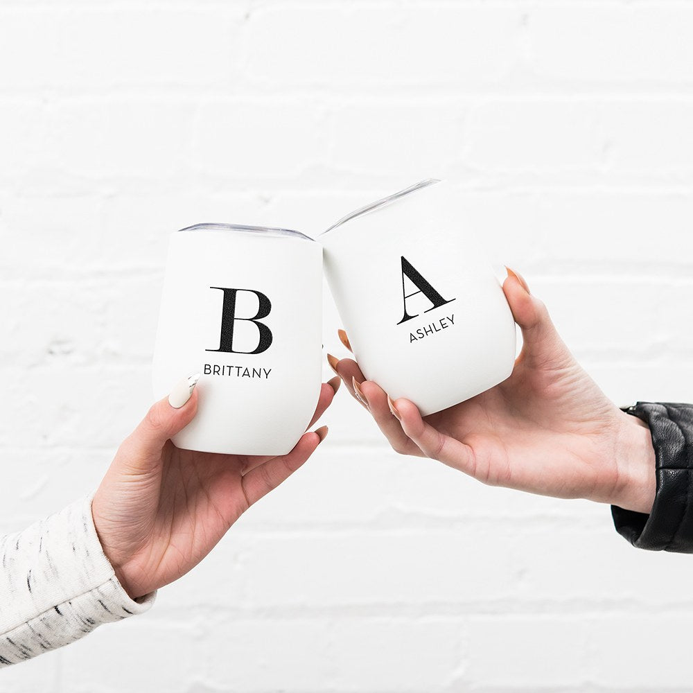PERSONALIZED STEMLESS TRAVEL TUMBLER - MODERN SERIFF INITIAL - AyaZay Wedding Shoppe