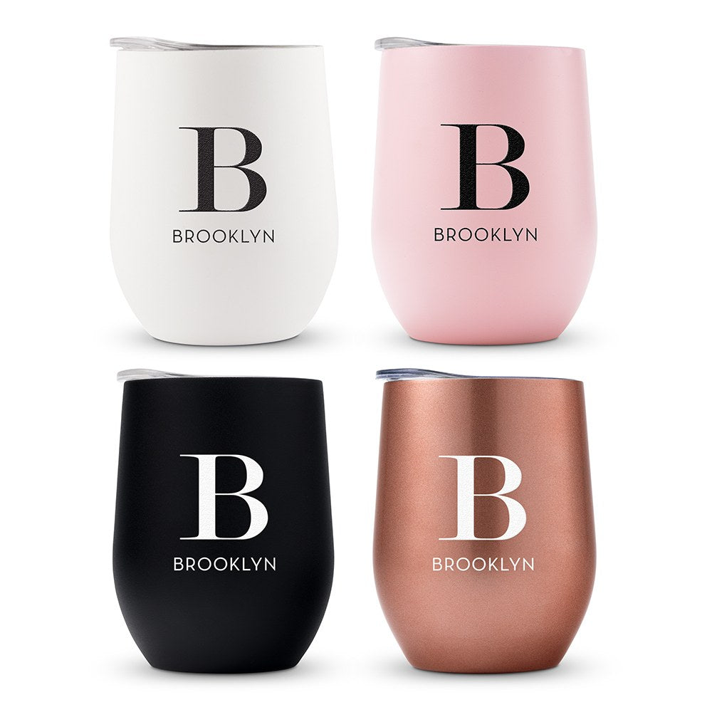 PERSONALIZED STEMLESS TRAVEL TUMBLER - MODERN SERIFF INITIAL - AyaZay Wedding Shoppe