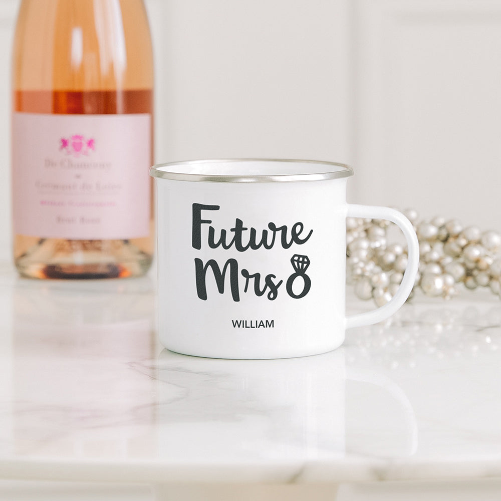PERSONALIZED WHITE ENAMEL STAINLESS STEEL COFFEE MUG - FUTURE MRS