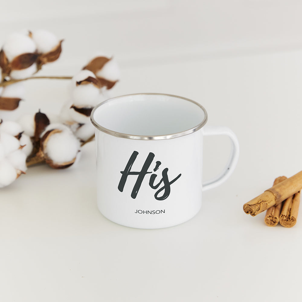 PERSONALIZED WHITE ENAMEL STAINLESS STEEL COFFEE MUG - HIS - AyaZay Wedding Shoppe