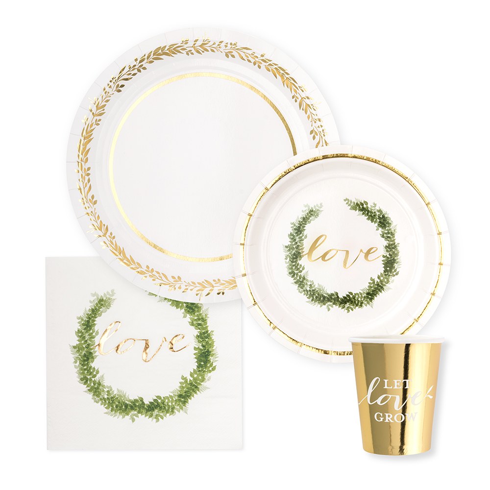 DISPOSABLE PAPER TABLEWARE SET - LOVE WREATH (SERVES 24) - AyaZay Wedding Shoppe