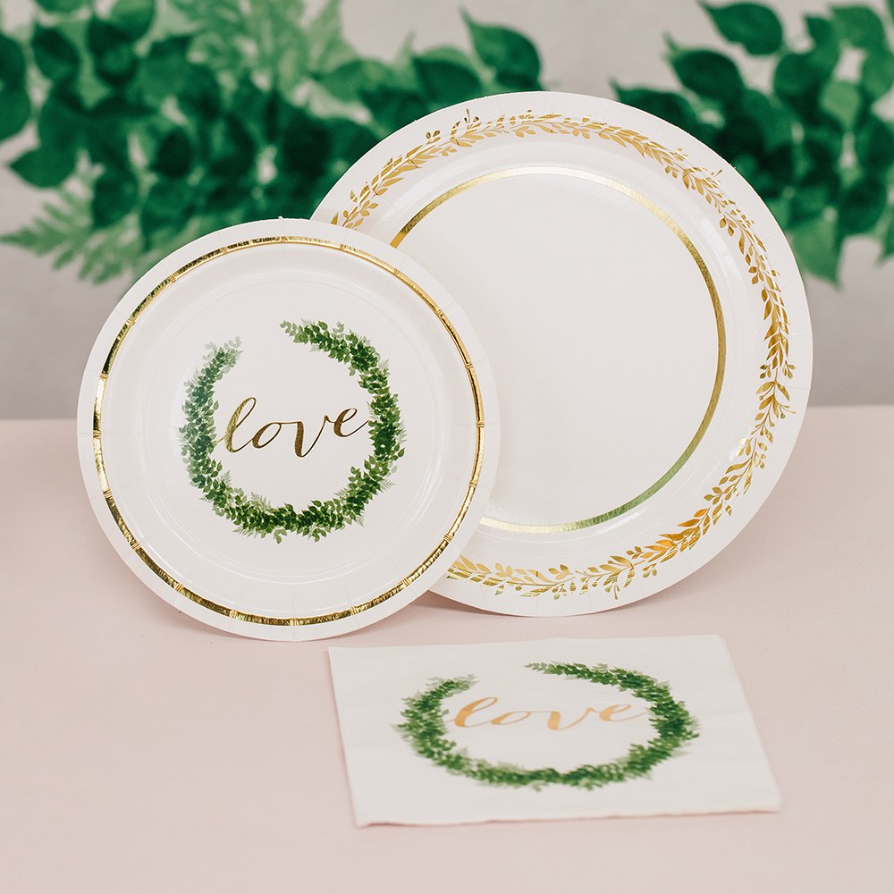 DISPOSABLE PAPER TABLEWARE SET - LOVE WREATH (SERVES 24) - AyaZay Wedding Shoppe