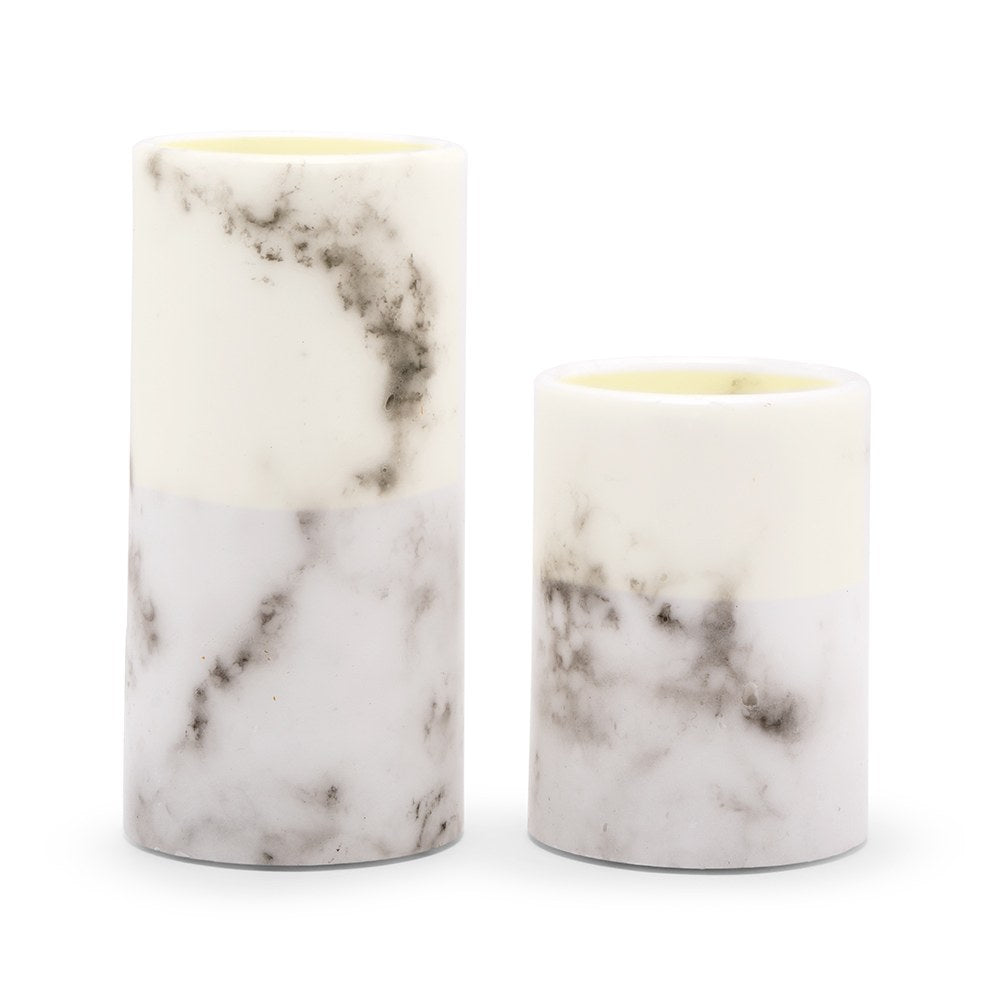 WHITE MARBLE ARTIFICIAL FLAMELESS LED PILLAR CANDLE - SET OF 2 - AyaZay Wedding Shoppe