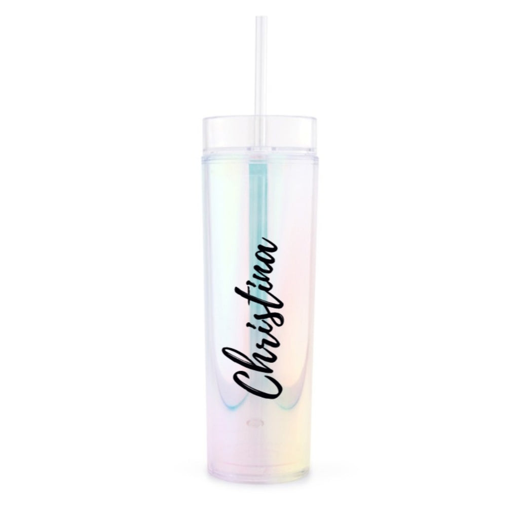 IRIDESCENT PERSONALIZED PLASTIC DRINK TUMBLER - CALLIGRAPHY TEXT PRINTING