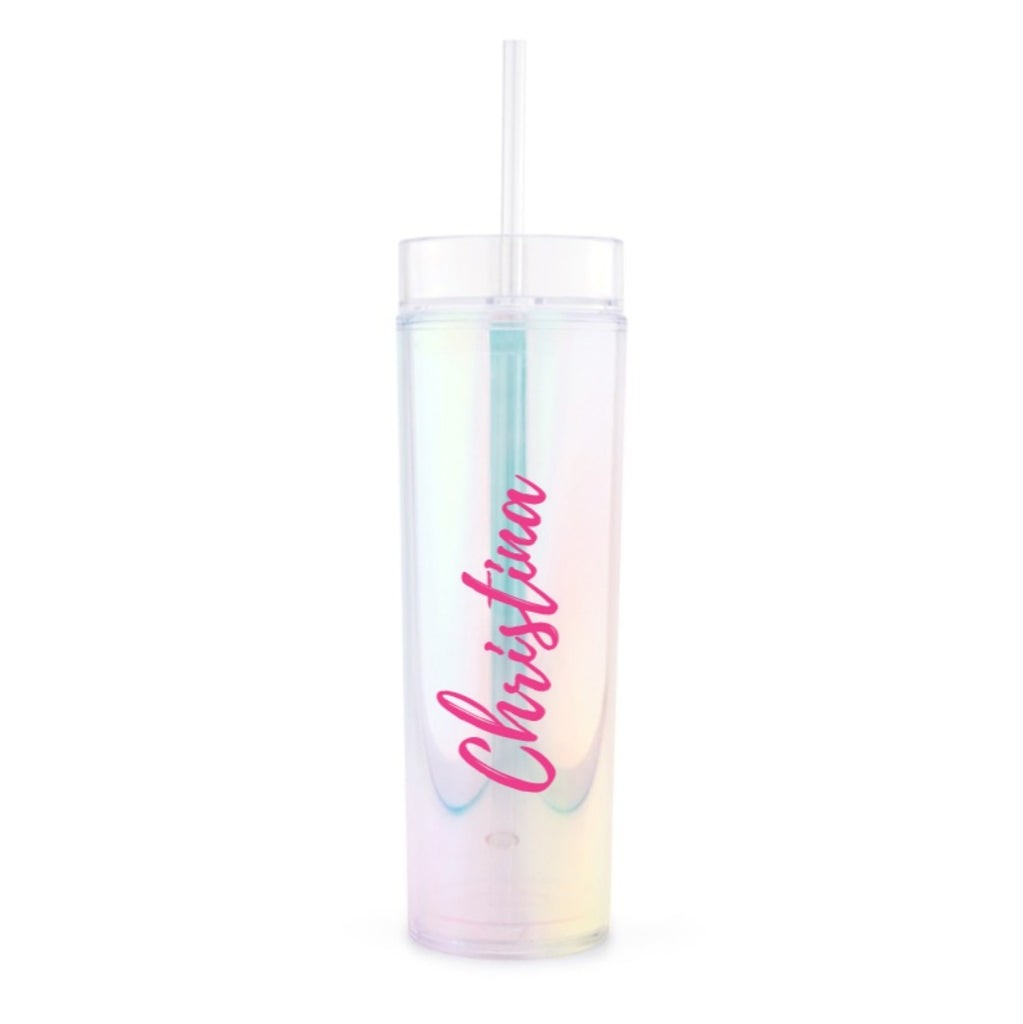 IRIDESCENT PERSONALIZED PLASTIC DRINK TUMBLER - CALLIGRAPHY TEXT PRINTING