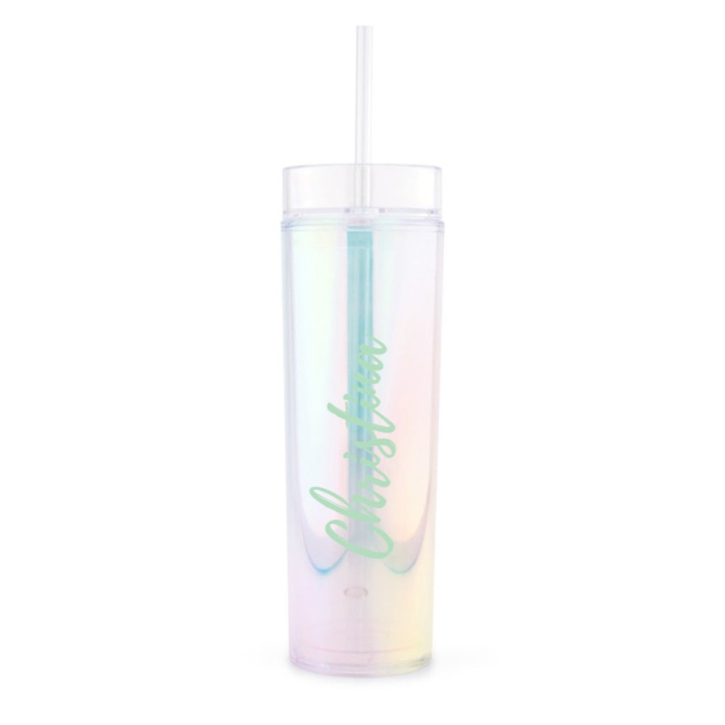 IRIDESCENT PERSONALIZED PLASTIC DRINK TUMBLER - CALLIGRAPHY TEXT PRINTING