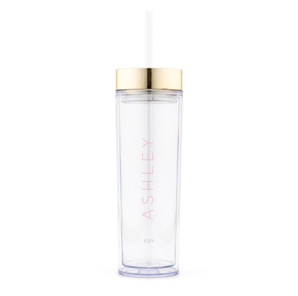 GOLD PERSONALIZED PLASTIC DRINK TUMBLER - CONTEMPORARY VERTICAL LINE PRINTING - AyaZay Wedding Shoppe