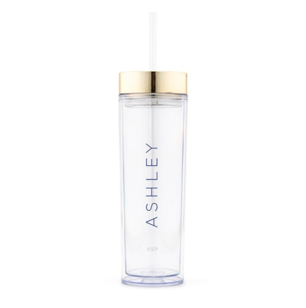 GOLD PERSONALIZED PLASTIC DRINK TUMBLER - CONTEMPORARY VERTICAL LINE PRINTING - AyaZay Wedding Shoppe