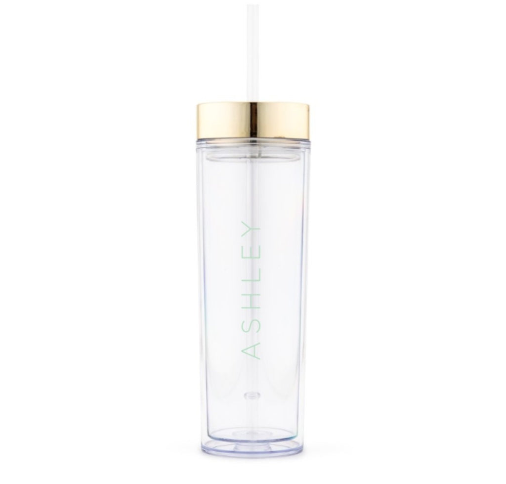 GOLD PERSONALIZED PLASTIC DRINK TUMBLER - CONTEMPORARY VERTICAL LINE PRINTING - AyaZay Wedding Shoppe