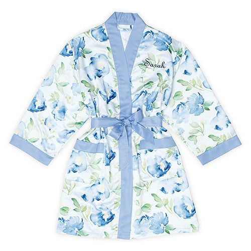 BLUE WATERCOLOR FLORAL SILKY KIMONO ROBE ON BLUE - AyaZay Wedding Shoppe