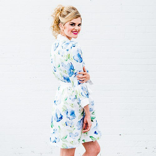 BLUE WATERCOLOR FLORAL SILKY KIMONO ROBE ON WHITE - AyaZay Wedding Shoppe