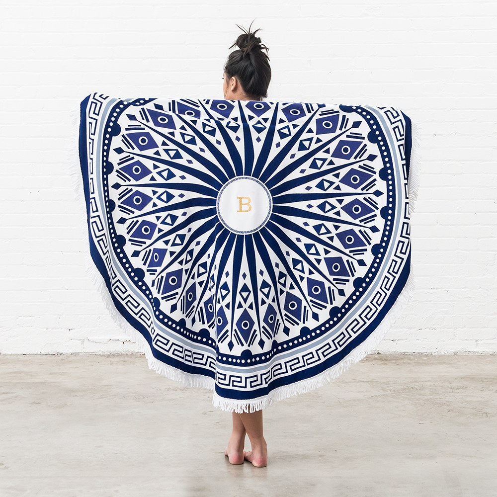 PERSONALIZED ROUND BEACH TOWEL - BLUE & WHITE MANDELA PATTERN