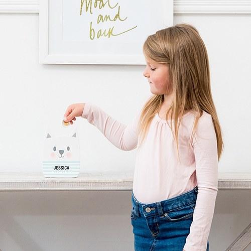 PERSONALIZED WOODEN PIGGY BANK FOR KIDS - WHITE CAT - AyaZay Wedding Shoppe