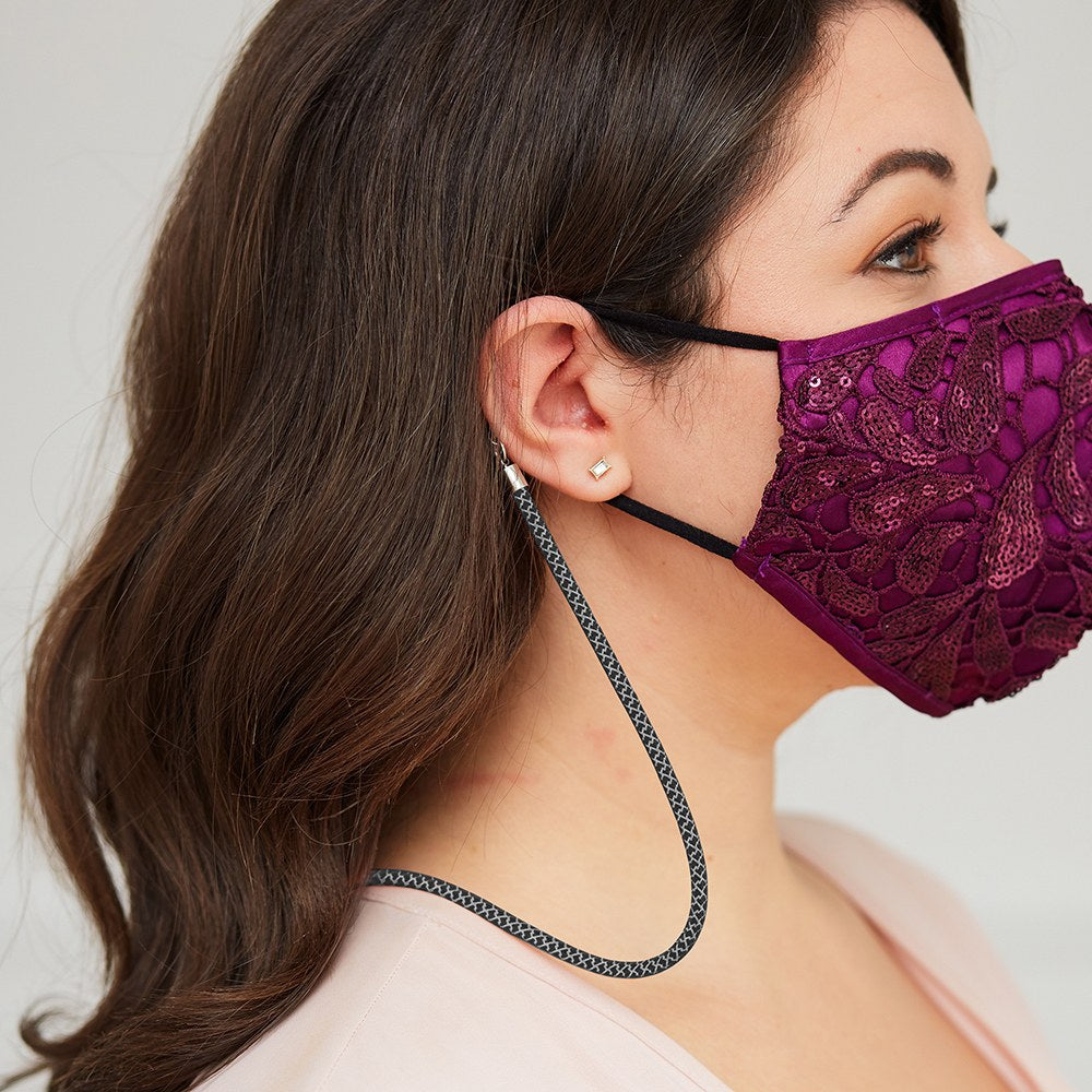 23" FACE MASK LANYARD WITH MAGNETIC SAFETY RELEASE - BLACK/SILVER - AyaZay Wedding Shoppe