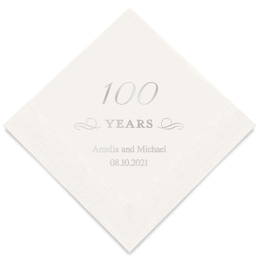 PERSONALIZED FOIL PRINTED PAPER NAPKINS - 100 Years
(50/pkg)
