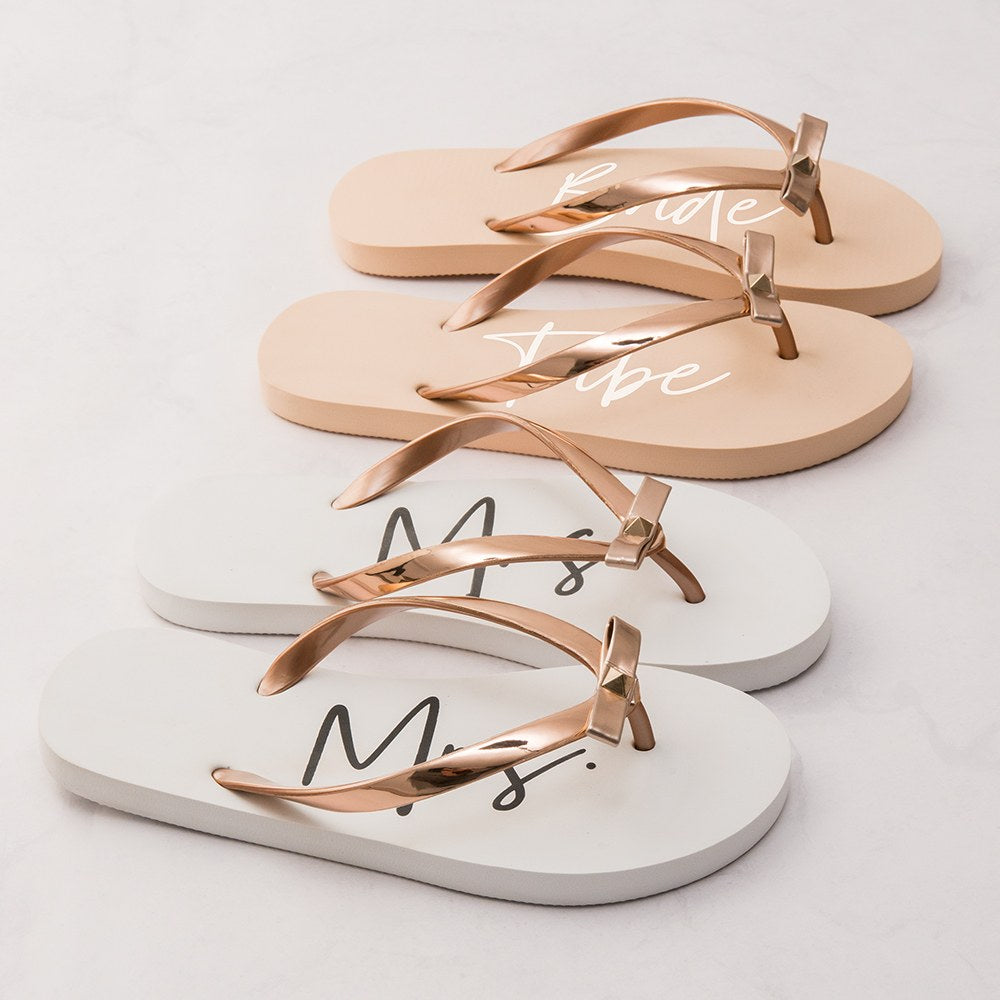 WOMEN'S WHITE & ROSE GOLD FLIP FLOPS WITH BOW - MRS