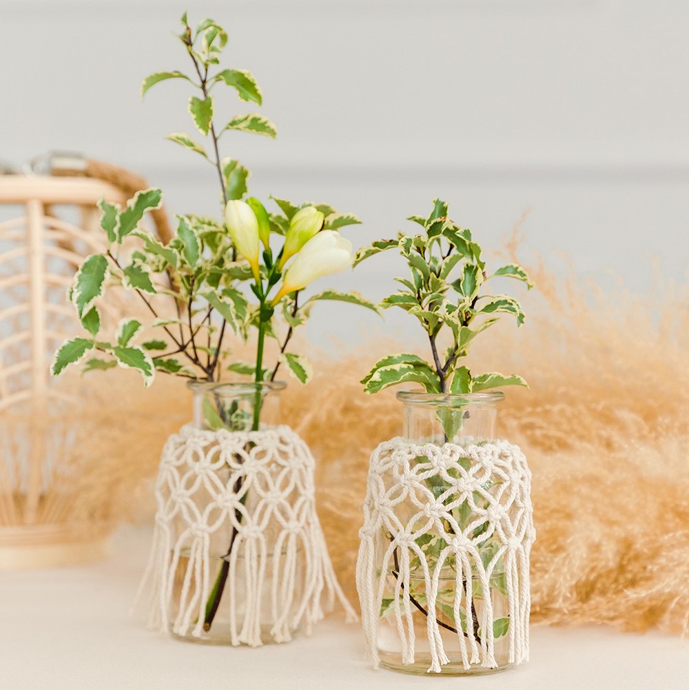 WOVEN MACRAME & GLASS FLOWER VASE (SET OF 4) - AyaZay Wedding Shoppe