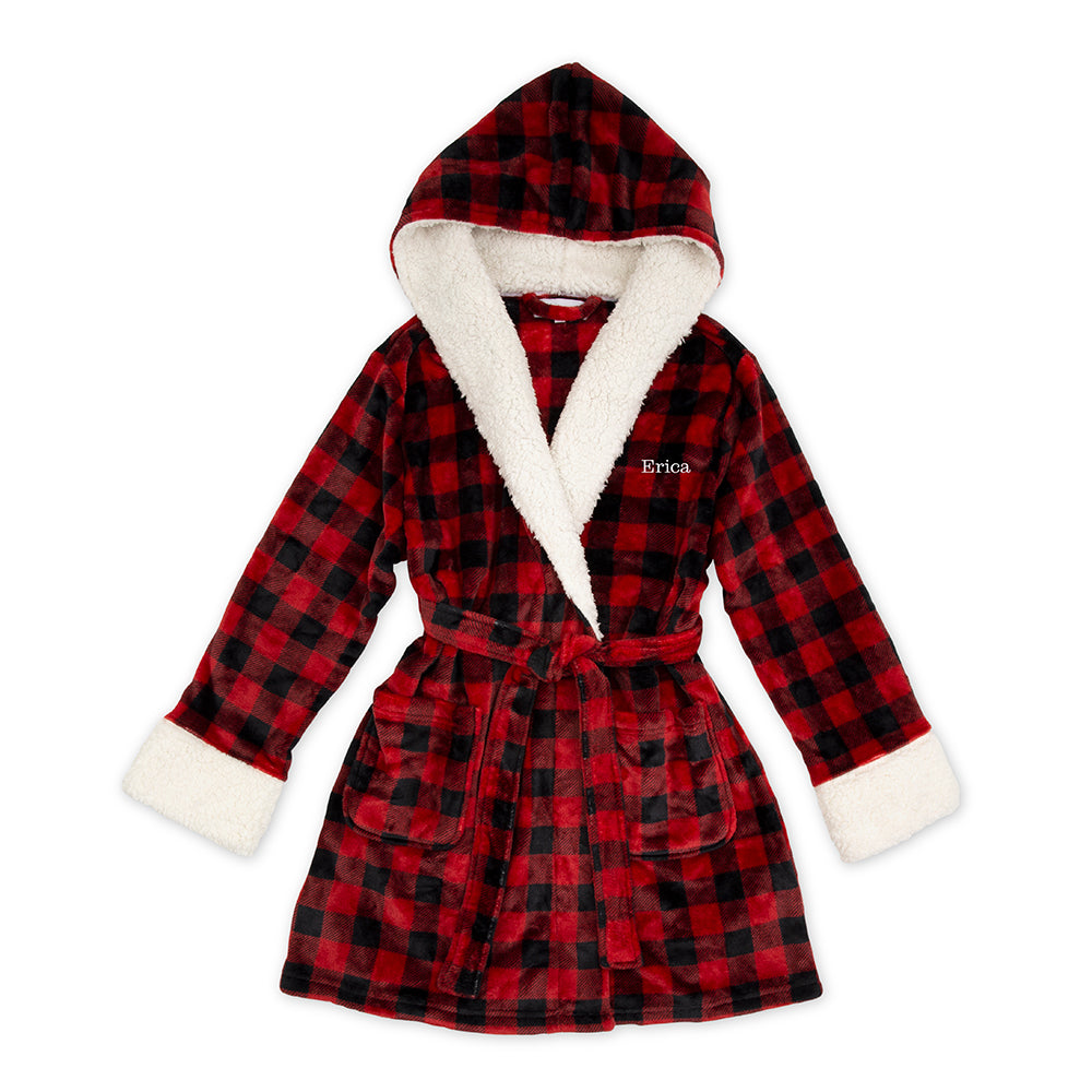 WOMEN'S PERSONALIZED EMBROIDERED FLUFFY PLUSH ROBE WITH HOOD - BUFFALO PLAID - AyaZay Wedding Shoppe