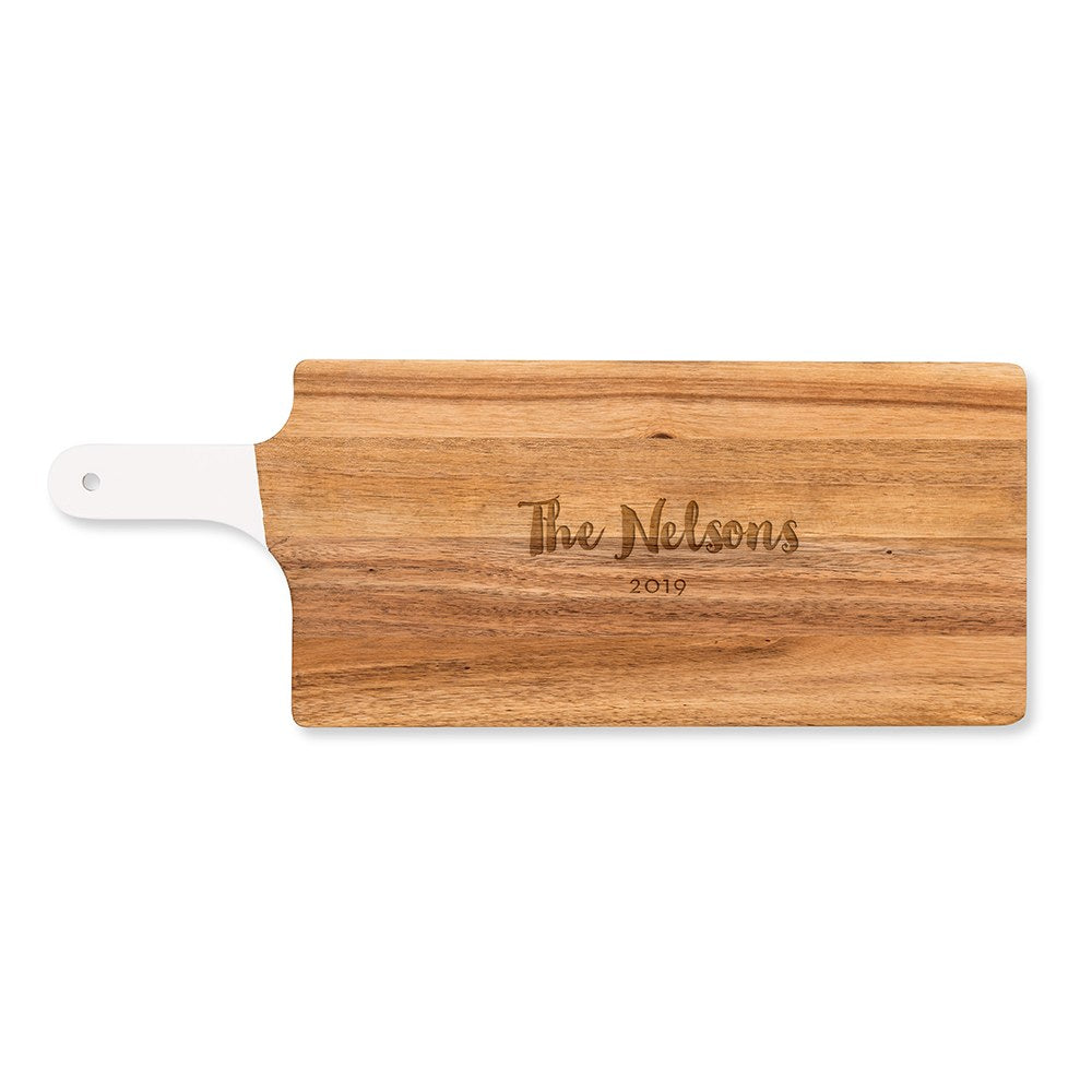 PERSONALIZED WOODEN CUTTING & SERVING BOARD WITH WHITE HANDLE  -  RETRO SCRIPT - AyaZay Wedding Shoppe