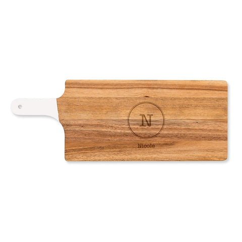 PERSONALIZED WOODEN CUTTING & SERVING BOARD WITH WHITE HANDLE  -  CIRCLE MONOGRAM - AyaZay Wedding Shoppe