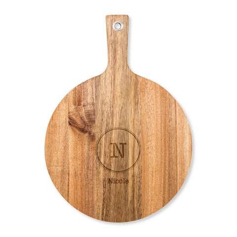 PERSONALIZED ROUND CUTTING & SERVING BOARD WITH HANDLE - CIRCLE MONOGRAM - AyaZay Wedding Shoppe