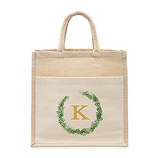 PERSONALIZED WOVEN JUTE MEDIUM TOTE BAG WITH POCKET -  LOVE WREATH MONOGRAM - AyaZay Wedding Shoppe