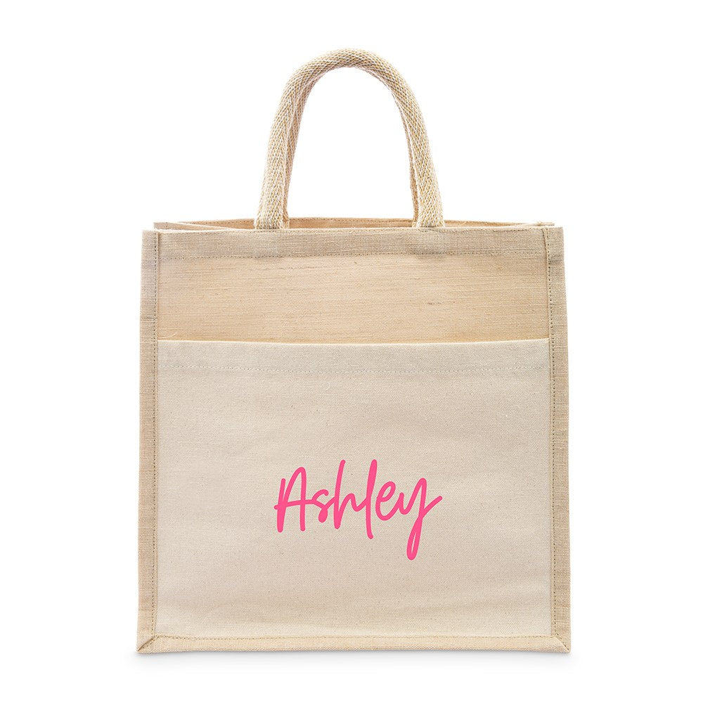 PERSONALIZED WOVEN JUTE MEDIUM TOTE BAG WITH POCKET -  SCRIPT FONT - AyaZay Wedding Shoppe