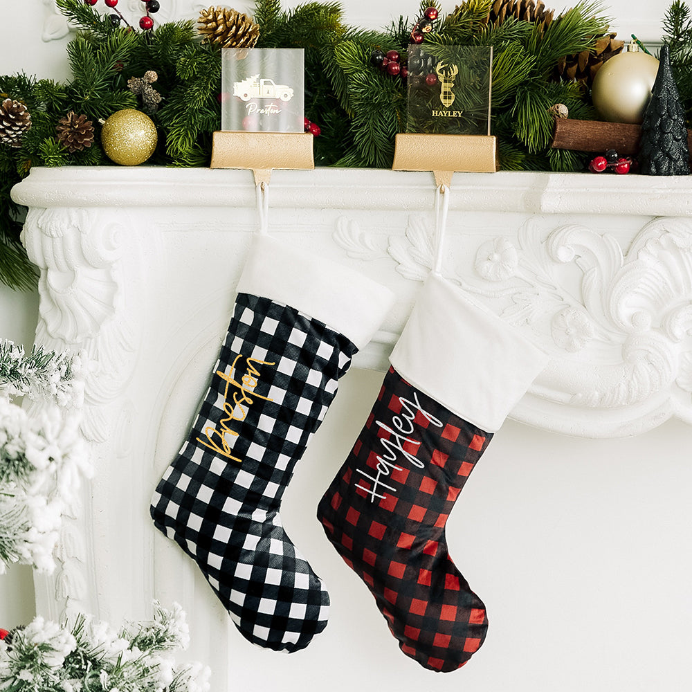 CUSTOM PRINTED PLUSH BUFFALO PLAID CHRISTMAS STOCKING - VERTICAL SCRIPT FONT - AyaZay Wedding Shoppe