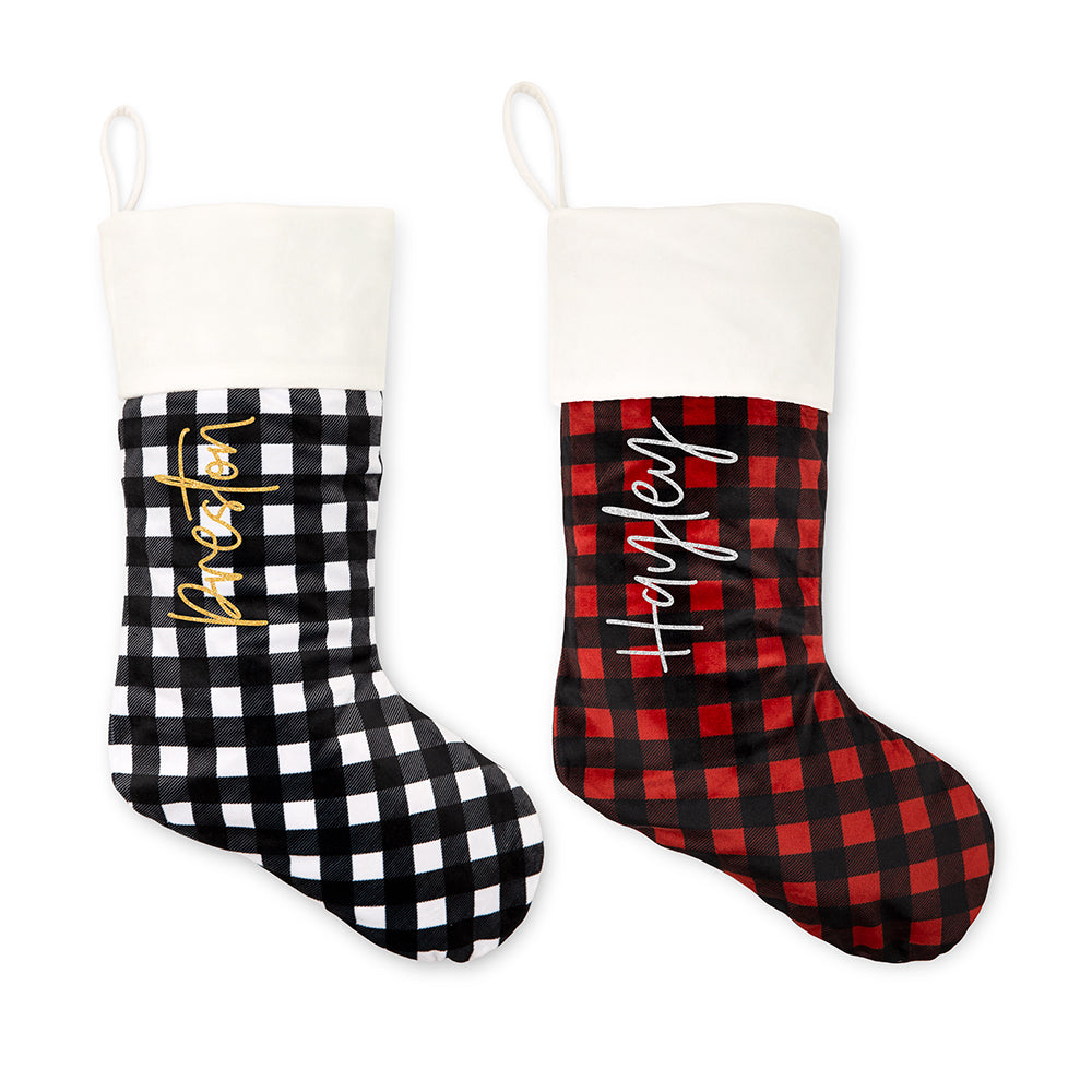 CUSTOM PRINTED PLUSH BUFFALO PLAID CHRISTMAS STOCKING - VERTICAL SCRIPT FONT - AyaZay Wedding Shoppe