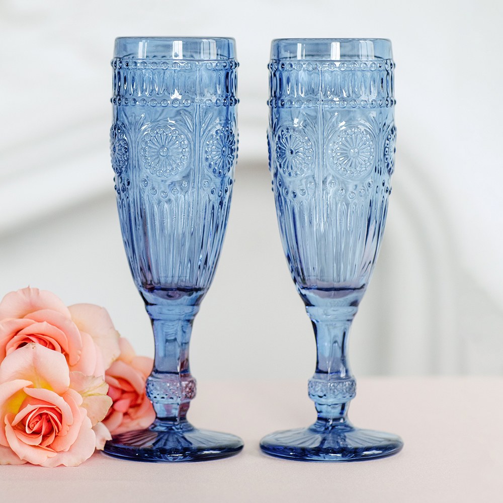 VINTAGE INSPIRED PRESSED GLASS FLUTE IN BLUE