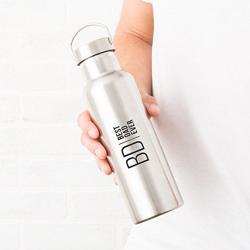 PERSONALIZED CHROME WATER BOTTLE WITH HANDLE - MODERN LOGO PRINT - AyaZay Wedding Shoppe
