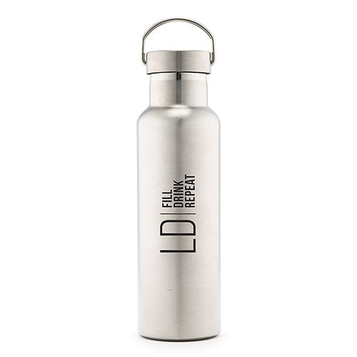 PERSONALIZED CHROME WATER BOTTLE WITH HANDLE - MODERN LOGO PRINT - AyaZay Wedding Shoppe