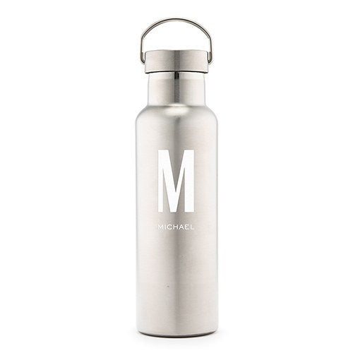 PERSONALIZED CHROME WATER BOTTLE WITH HANDLE - CUSTOM MONOGRAM PRINT - AyaZay Wedding Shoppe