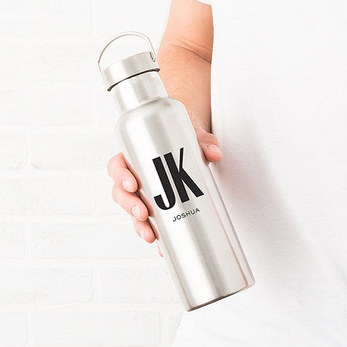 PERSONALIZED CHROME WATER BOTTLE WITH HANDLE - CUSTOM MONOGRAM PRINT - AyaZay Wedding Shoppe