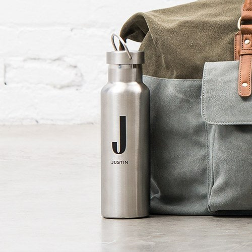 PERSONALIZED CHROME WATER BOTTLE WITH HANDLE - CUSTOM MONOGRAM PRINT - AyaZay Wedding Shoppe