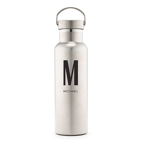 PERSONALIZED CHROME WATER BOTTLE WITH HANDLE - CUSTOM MONOGRAM PRINT - AyaZay Wedding Shoppe