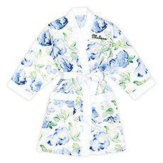 BLUE WATERCOLOR FLORAL SILKY KIMONO ROBE ON WHITE - AyaZay Wedding Shoppe