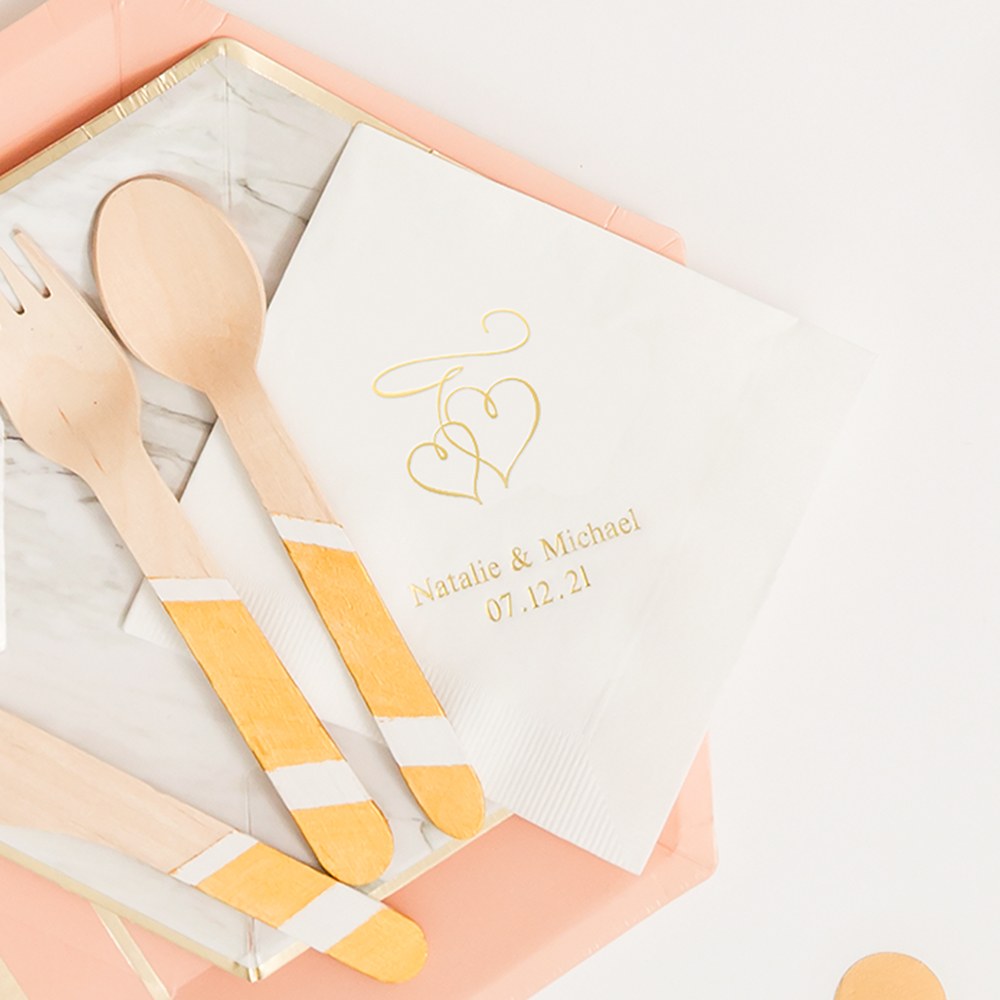 PERSONALIZED FOIL PRINTED PAPER NAPKINS - Double Hearts (50/pkg) - AyaZay Wedding Shoppe